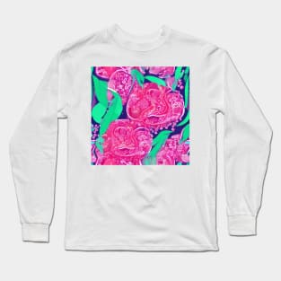 Retro pink, purple and green flowers and leaves Long Sleeve T-Shirt